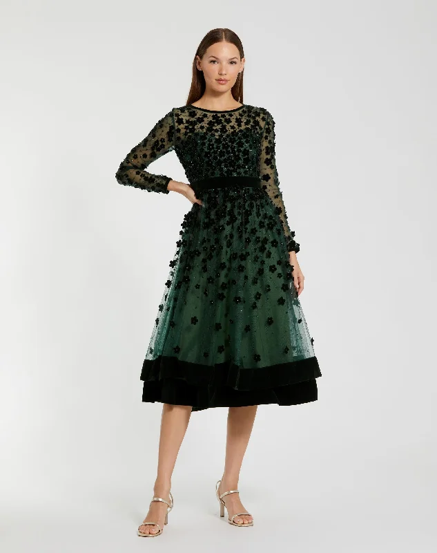 Green Embellished Illusion High Neck Long Sleeve Fit & Flare Dress