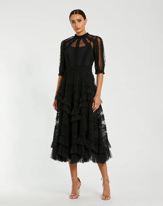 Black High Neck Micro Ruffle Tiered Midi Dress