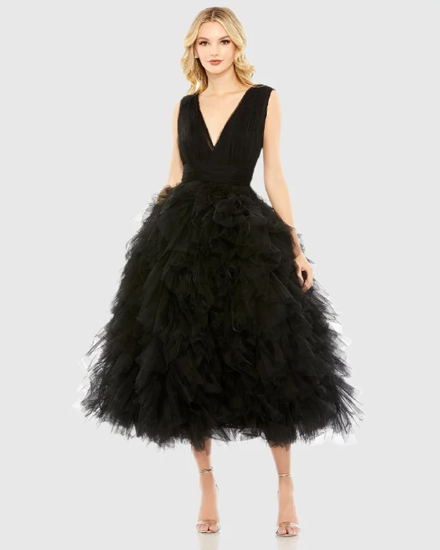 Ruffled Cap Sleeve V-Neck A Line Tulle Dress