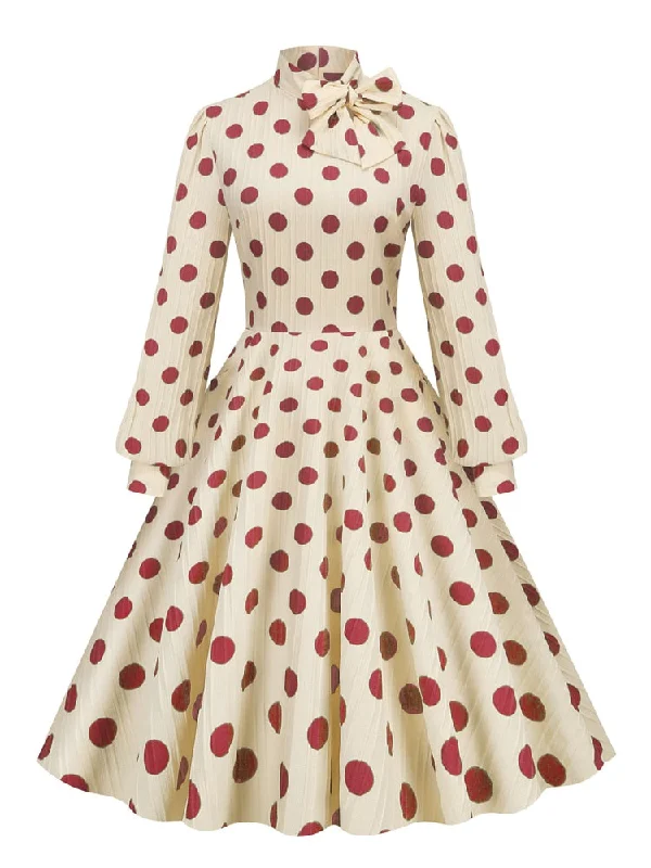 BerriesJam - Bishop Sleeve Vintage Polka Dot Print Elegant Midi Dress