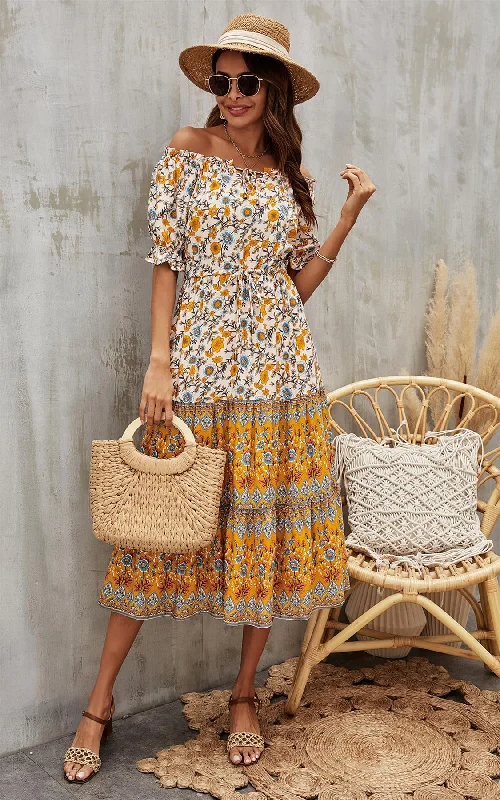 Boho Floral Print Bardot dress In Yellow