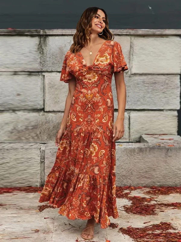 Boho V Neck Boho Midi Dress In Rusty