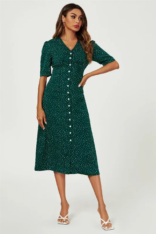 Dot Print Button Front Midi Dress In Green