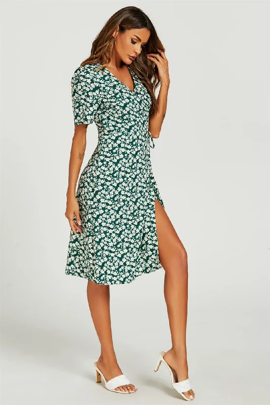 Floral Print Button Tea Midi Dress In Green