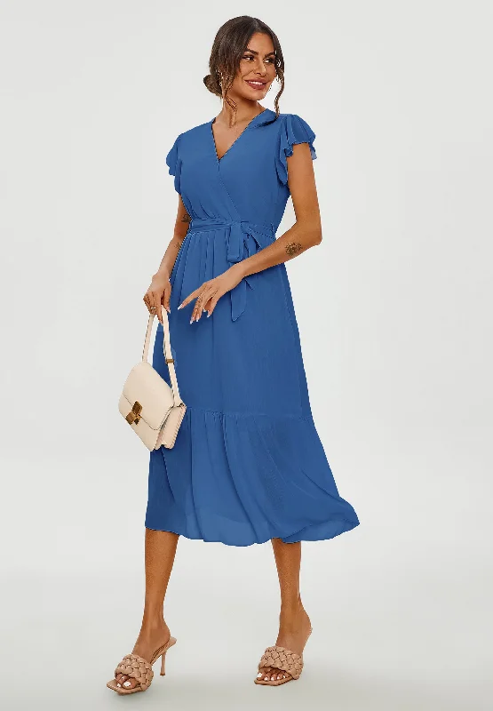 Frill Hem Short Sleeve Midi Dress In Blue