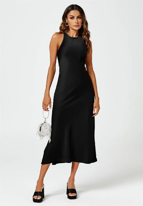 Slim-Fit Satin Midi Dress In Black