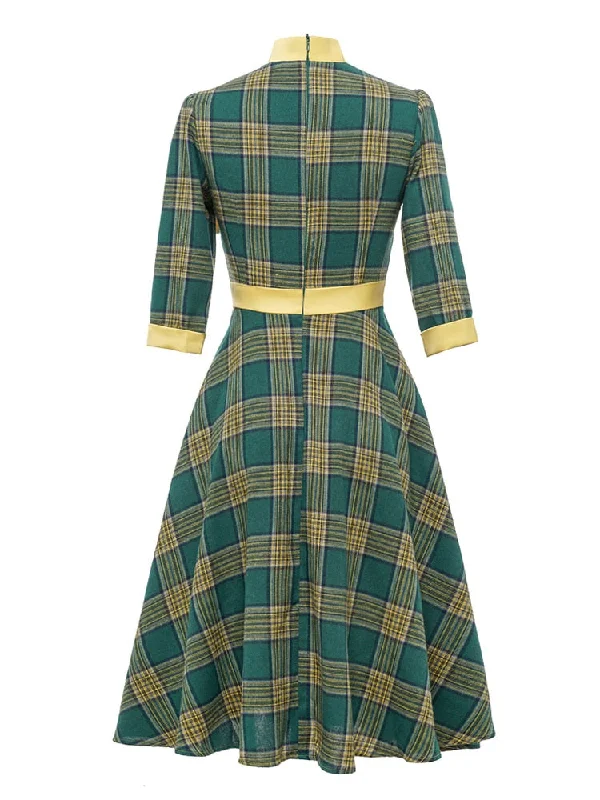 BerriesJam - 2024 Tonval Bow Neck Plaid 3/4 Length Sleeve Midi Dress